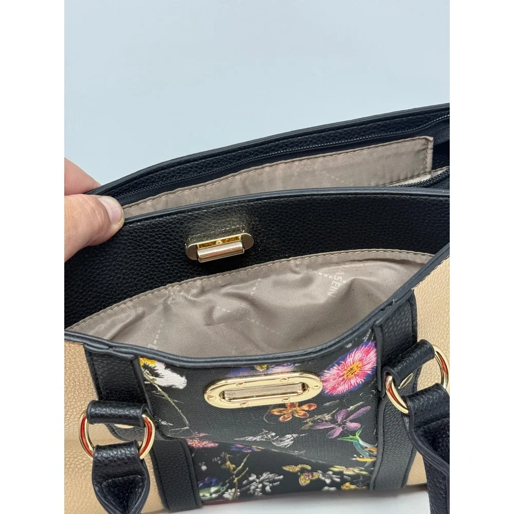 Dasein Floral Butterfly Satchel Handbag 3 Piece Set Black Gold Metallic Vegan